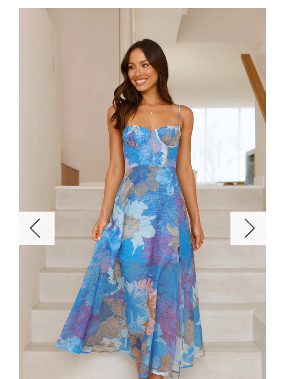 Blue Floral Midi Dress with Spaghetti Straps
